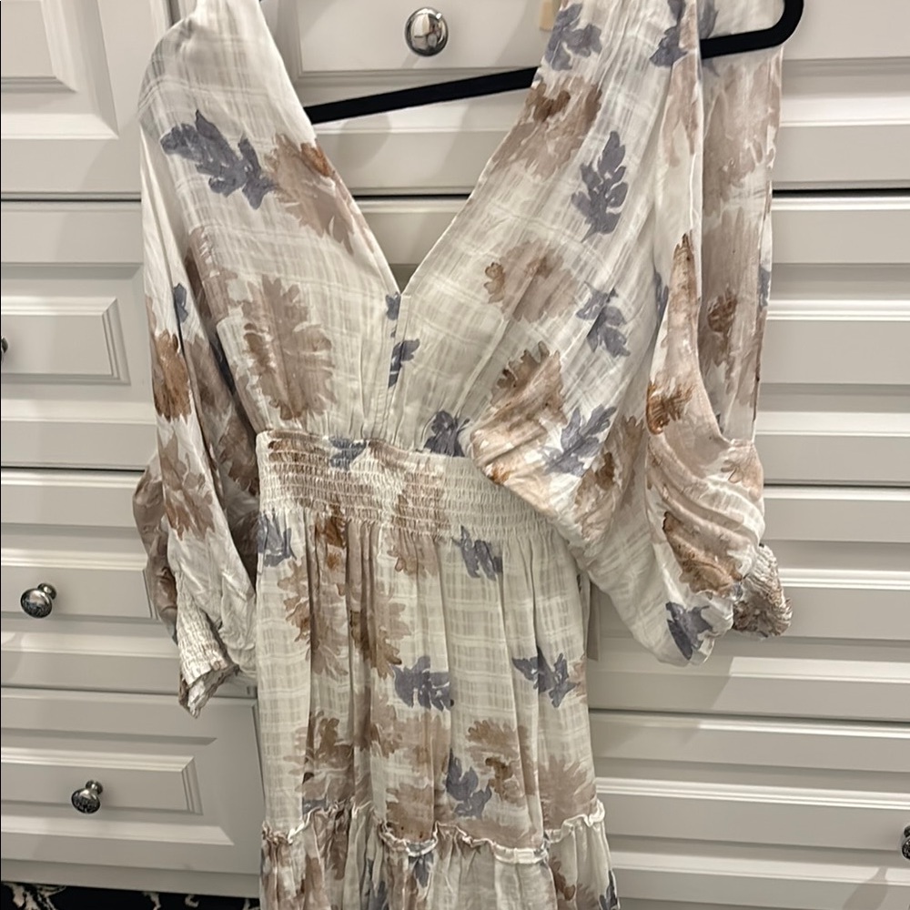 Lovestitch Cream and Blue V-Neck Sundress with Bishop Sleeves